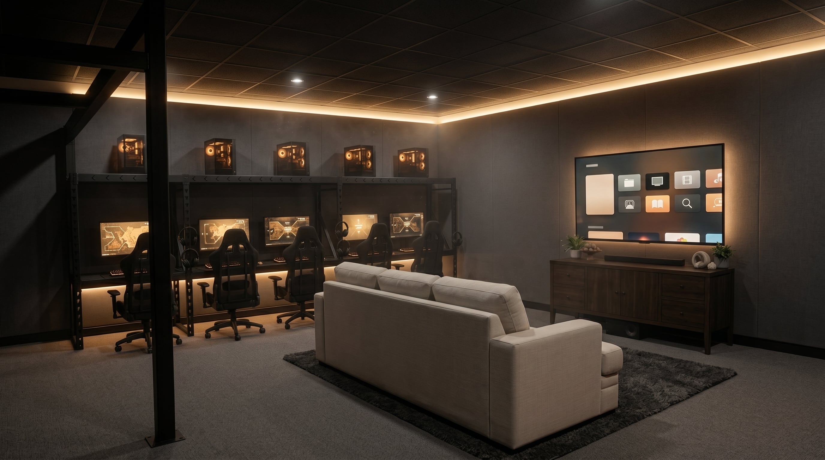 Coworking lounge with gaming and lounge seating